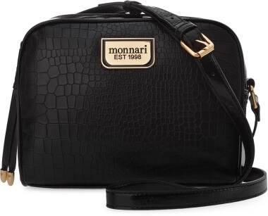 MONNARI elegantní lakovaná dámská kabelka klasická postbag s dlouhým popruhem vzor krokodýlí kůže - černá