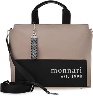 Monnari dámská shopper aktovka městská velká prostorná taška s kroužkem na klíče a popruhem s logem - béžová s černou barvou