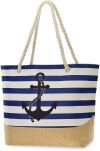 Námořnická pruhovaná plážová taška velká prostorná kabelka s plátěnou vložkou městský shopper na šňůrkách kotva - bílá s modrou a béžovou barvou - 2