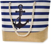 Námořnická pruhovaná plážová taška velká prostorná kabelka s plátěnou vložkou městský shopper na šňůrkách kotva - bílá s modrou a béžovou barvou - 4