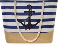 Námořnická pruhovaná plážová taška velká prostorná kabelka s plátěnou vložkou městský shopper na šňůrkách kotva - bílá s modrou a béžovou barvou - 5