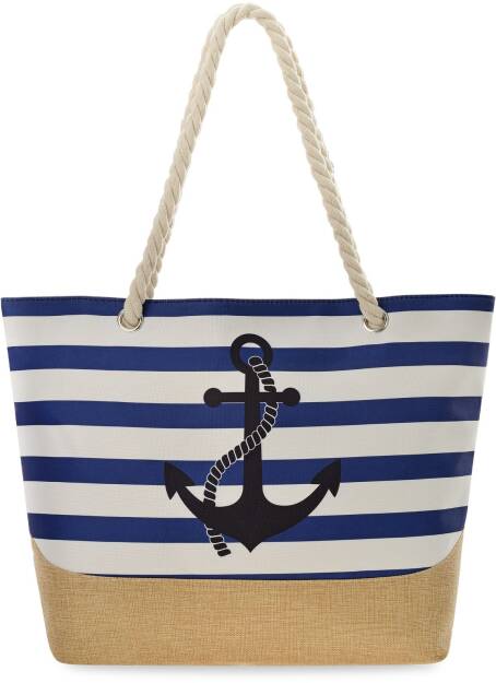 Námořnická pruhovaná plážová taška velká prostorná kabelka s plátěnou vložkou městský shopper na šňůrkách kotva - bílá s modrou a béžovou barvou
