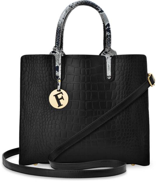 Elegantní dámská kabelka kufřík aktovka shopper s vytlačeným hadím vzorem ve tvaru přívěšku – černá