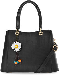 Elegantní dámská kabelka s rukojetí kufřík s dlouhým poprhuem a přívěškem - černá