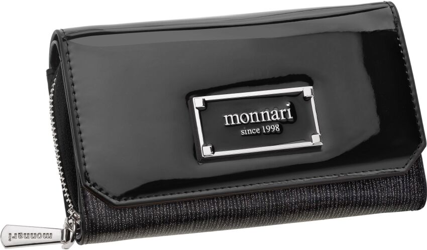 Dámská peněženka s klopou Monnari, peněženka na zip a patent - luxusní lakovaná - černá se stříbrnou.