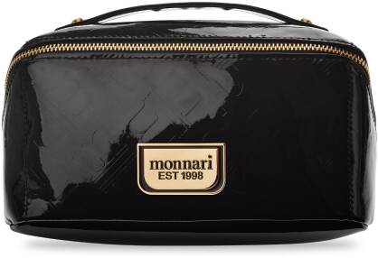 Monnari elegantní dámská kosmetická taška dvoukomorová lakovaná s vyraženým logem rozkládací kosmetický kufřík organizér - černý