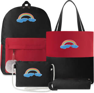 Školní komplet 4v1 komplet batoh s potiskem duhy + taška + listonoška + tužkové pouzdro - červeno-černý