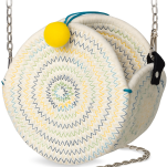 Dámská pletená kabelka kulatá eko listonoška boho s provázkovým popruhem - žlutá-krémová - 3