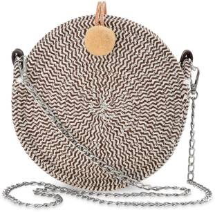 Dámská pletená kabelka kulatá eko listonoška boho s provázkovým popruhem - béžová-hnědá