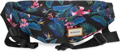 Rovicky sportovní ledvinka na širokém popruhu bederní taška prostorná s kapsami barevný tropický vzor - černá