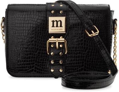 MONNARI SPOLEČENSKÁ LAKOVANÁ DÁMSKÁ KABELKA ELEGANTNÍ POSTBAG Z KŮŽE CROCO MALÁ KABELKA S ŘETÍZKEM A JETEMAMI - ČERNÁ