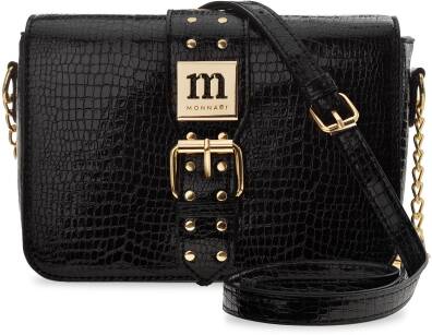 Monnari společenská lakovaná dámská kabelka elegantní postbag z kůže croco malá kabelka s řetízkem a jetemami - černá