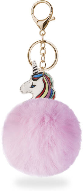 Kožešinový přívěšek na klíče kabelku pompon barevný ve tvaru jednorožce unicorn - fialová