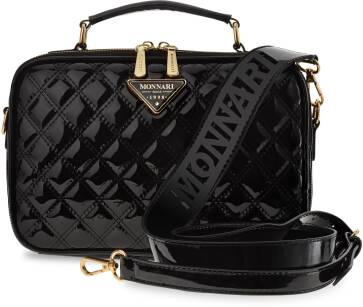 Monnari elegantní kufr prošívaná lakovaná dámská kabelka prostorná dvoukomorová kabelka s popruhem s logem - černá