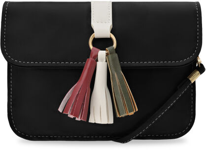 Malá crossbody kabelka obálka s klopou a třásněmi boho - černá