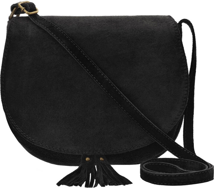 Italská kožená semišová crossbody kabelka boho s třásněmi – černá