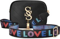 Dámská pikovaná kabelka listonoška s logem přívěškem a širokým barevným pásem - černá - 2