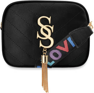 Dámská pikovaná kabelka listonoška s logem přívěškem a širokým barevným pásem - černá