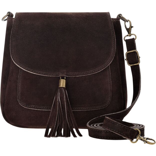 Dámská semišová kabelka přes rameno italská kožená crossbody s třásněmi - čokoládová