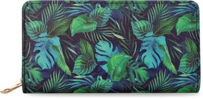 Barevná velká dámská peněženka s potiskem prostorná kabelka se zipem tropický botanický vzor palmové listy monstera - tmavě modrá se zelenou barvou