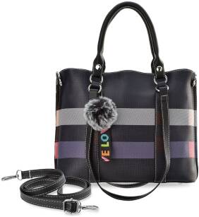 Kostkovaná dámská kabelka taška shopper tuhá mini aktovka s přívěškem pomponem - černá