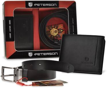 Peterson dárková sada v elegantní krabičce pánská kožená peněženka rfid secure + opasek dárková sada z přírodní kůže - černá