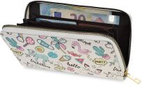 Barevná velká dámská peněženka s potiskem prostorná kabelka na zip s potiskem sváteční pastelový vzor líné kočky - bílá - 3