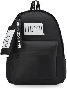Lehký školní městský batoh s potiskem pro mládež + přívěšek taštička print s nápisem černý 