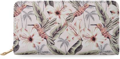 Barevná velká dámská peněženka s potiskem prostorná kabelka na zip tropický botanický vzor květiny ptáci - pudrově růžová