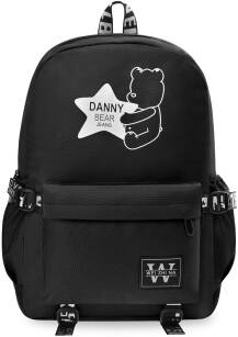 Prostorný lehký školní batoh výletní s kapsičkami medvídek - černá