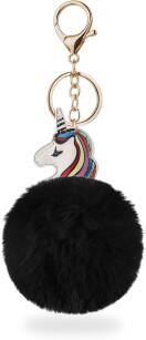 Kožešinový přívěšek na klíče kabelku pompon barevný ve tvaru jednorožce unicorn - černy