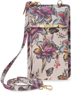 CAVALDI dámská mini kabelka peněženka pouzdro na telefon 2v1 malá kabelka květinová - béžová