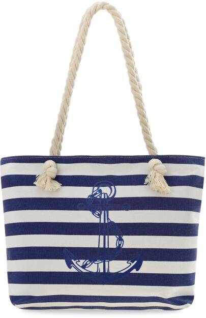 Velká plážová taška s tmavě modrými pruhy na zip, plátěná ekologická taška na nákupy - bílá s tmavě modrou 