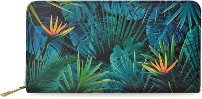 Barevná velká dámská peněženka s potiskem prostorná kabelka na zip tropický botanický vzor palmové listy monstera - černá se zelenou barvou