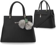 Dámská kabelka kufřík lichoběžníkový tvar s bambulemi černá - 6