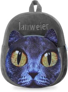 Půvabný plyšový batůžek s kapsičkou zvířátka kočička - modro-šedý