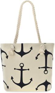 Plátěná plážová taška s šňůrkami boho námořní velká městská kabelka shopper na pláž nakupy na léto - kotvy - krémová