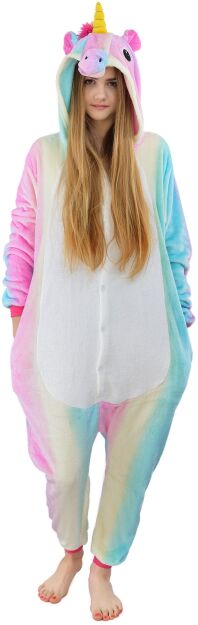 Pyžamo kigurumi jednodílný kostým s kapucí – duhový jednorožec pastel