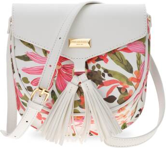 Dámská květinová listová kabelka Top Secret - půlkulatá květinová taška s boho střapcem na klíče - bílá