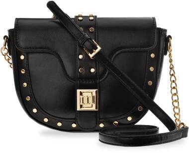 Monnari dámská kabelka s kamínky a cvočky elegantní kabelka s klopou malá půlkruhová kabelka s řetízkem - černá