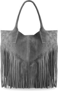 Velká dámská kabelka semiš pravá kůže třásně boho - šedá