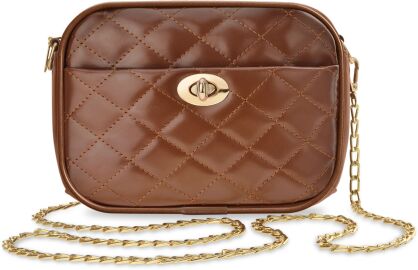 Prošívaná dámská crossbody kabelka na řetízku - hnědá