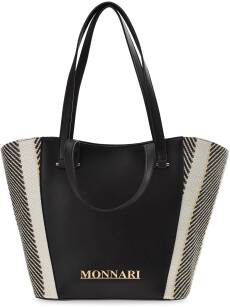 Unikátní dámská pletená černá kabelka velká taška objemný košík shopper lodička přes rameno s pleteným béžovým vzorem