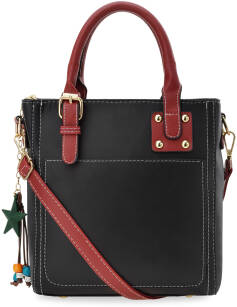 Dámská kabelka s barevnými úchytkami kufřík shopper se dvěma kapsami a přívěškem - červeno černá