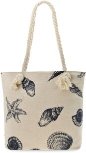 PLÁTĚNÁ PLÁŽOVÁ TAŠKA S ŠŇŮRKAMI BOHO NÁMOŘNÍCKÁ VELKÁ MĚSTSKÁ KABELKA NA PLÁŽ NÁKUPY NA LÉTO - MUŠLE - BÉŽOVÁ